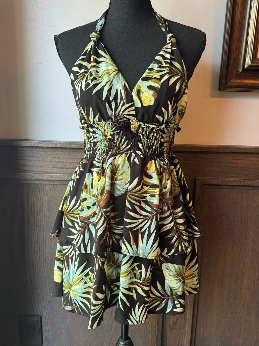 Madden NYC Smocked Halter Mini Dress in Black with Green Tropical Print small